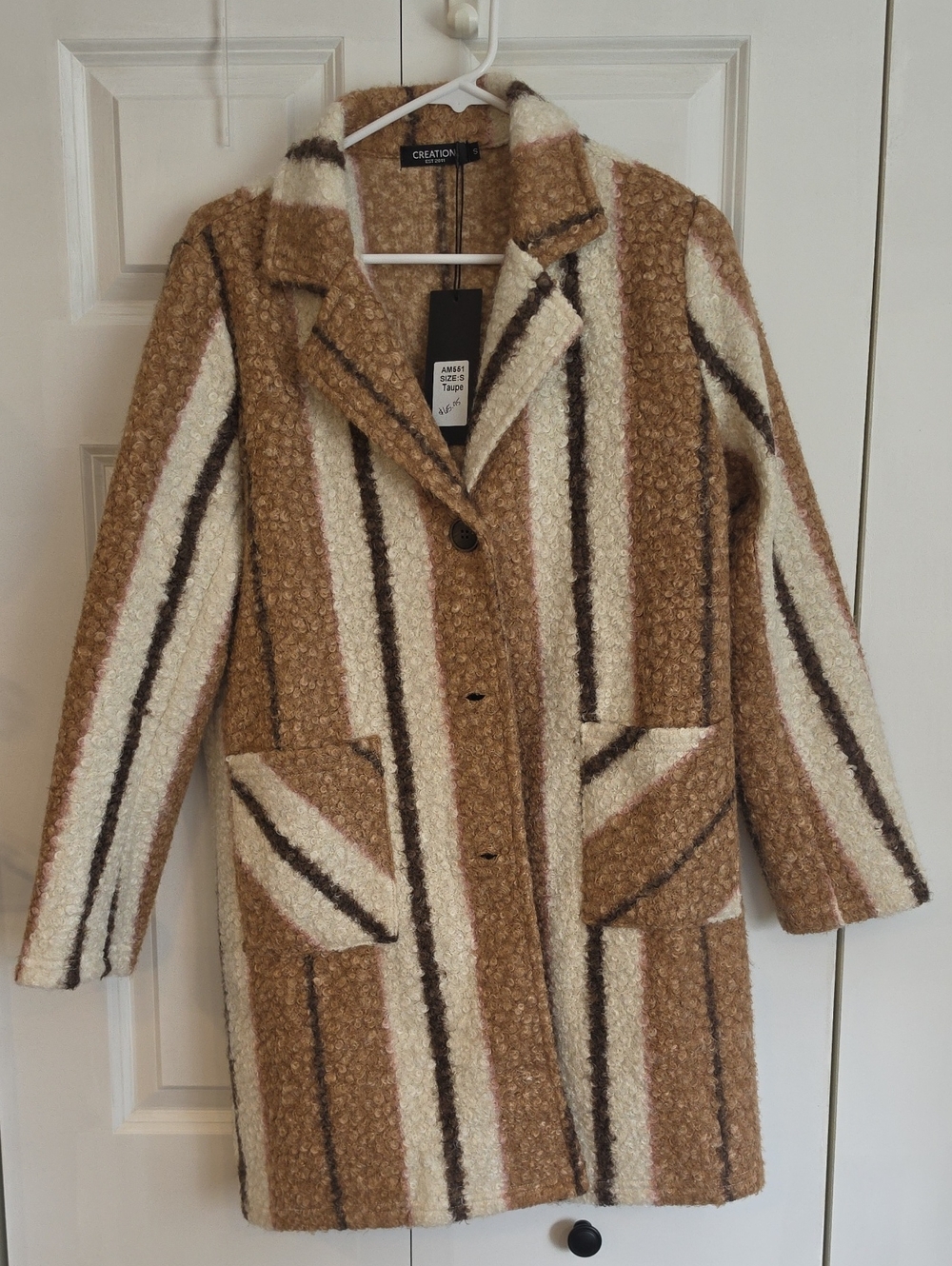 Creation Striped Bouclé Pea Coat - Camel & Cream